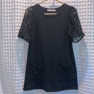 • MALLOY. Black Tunic Top With Lace Sleeves and 2 Deep Pockets •